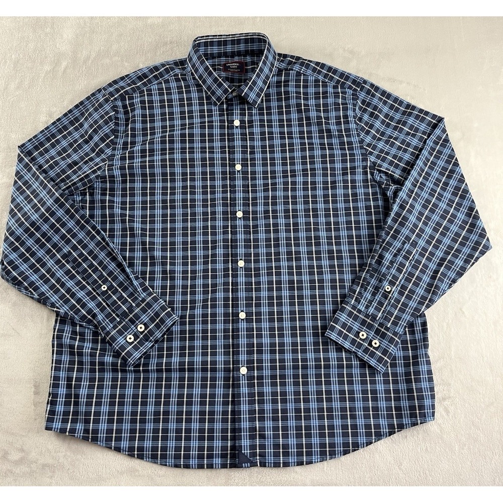 Untuckit Pierro Shirt Men XL Navy Plaid Relaxed Fit Stretch Wrinkle Free Preppy